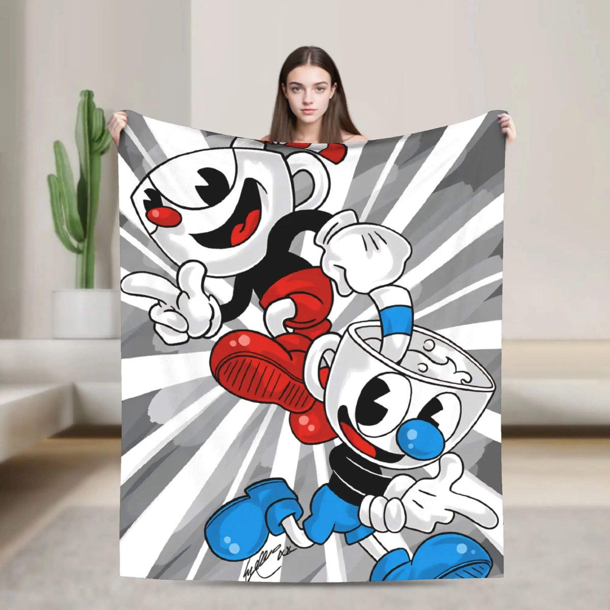 Cuphead cartoon throw blanket for kids