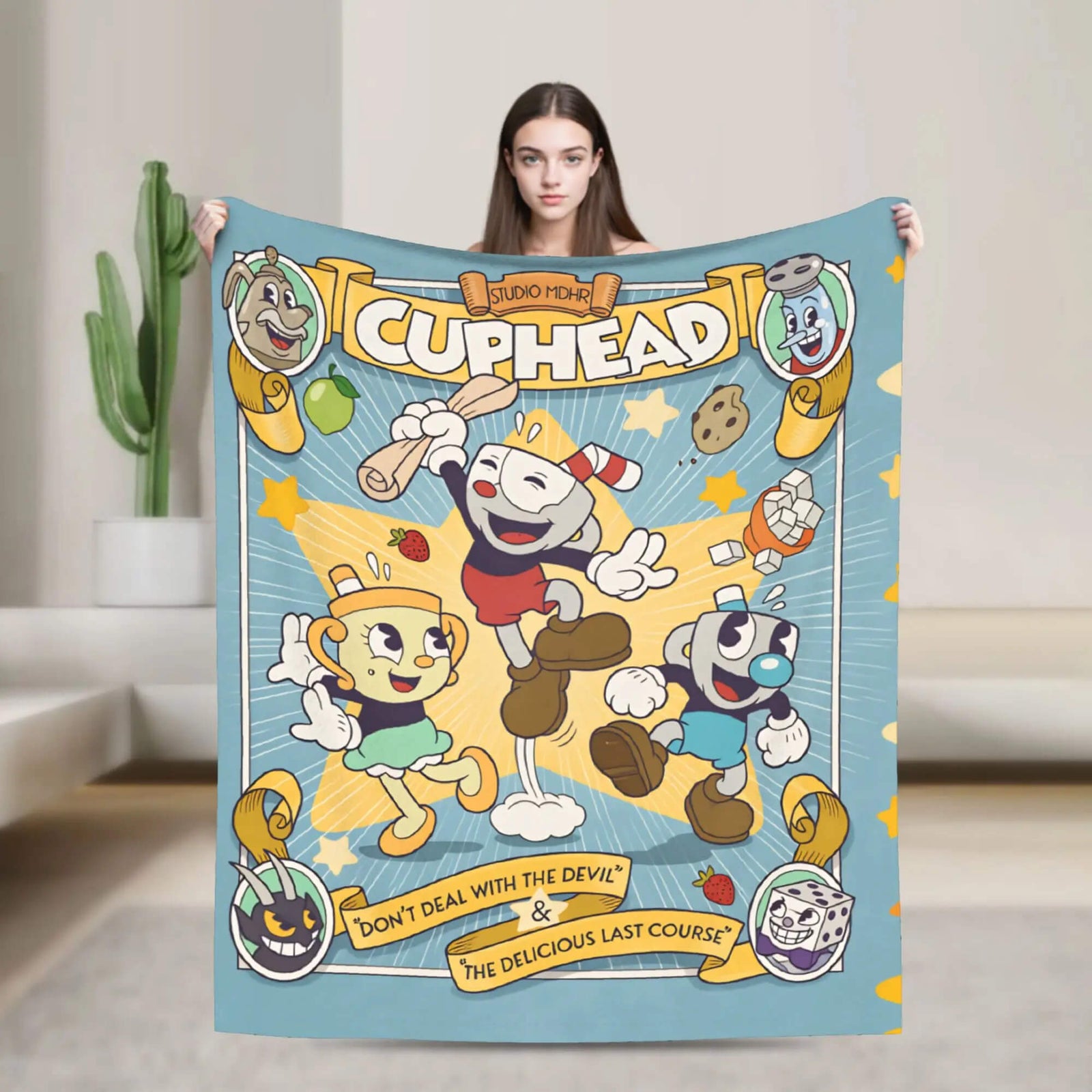 soft flannel Cuphead throw blanket