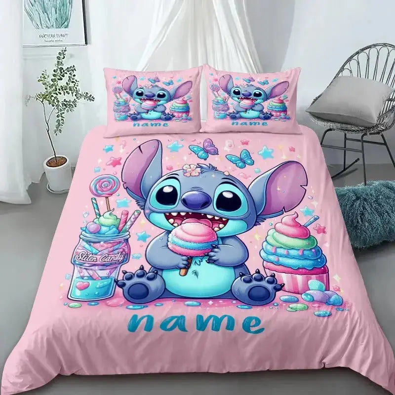 Stitch-themed bedding set with pink background in a room setting