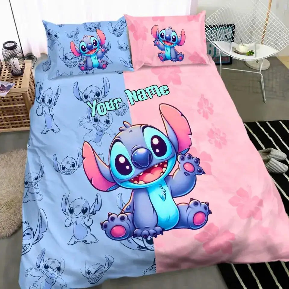 Stitch Cartoon character bed sheet set with 'Your Name' text on a bed.
