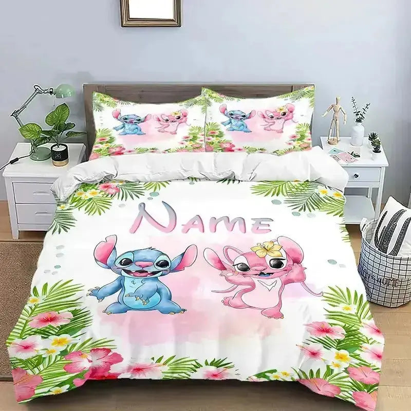 Lilo & Stitch Bedding set with cartoon characters and floral design on a bed in a room.