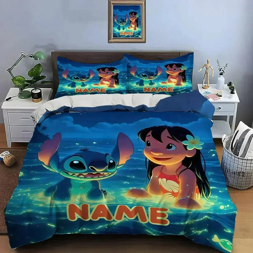 Bedding set with Lilo and Stitch design featuring 'NAME' text in a bedroom setting.