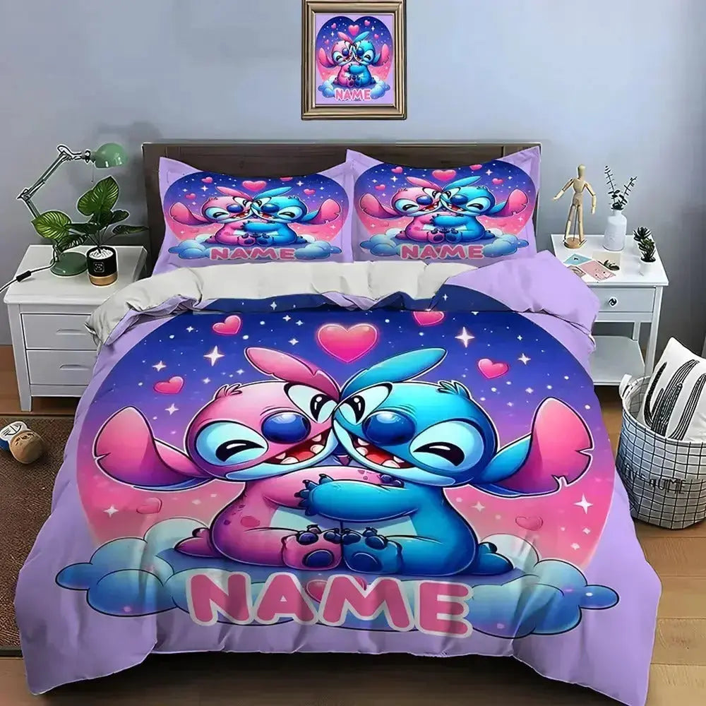 Custom cartoon duvet cover featuring vibrant artwork and personalized name, perfect for kids' bedrooms or anime-themed room decor.