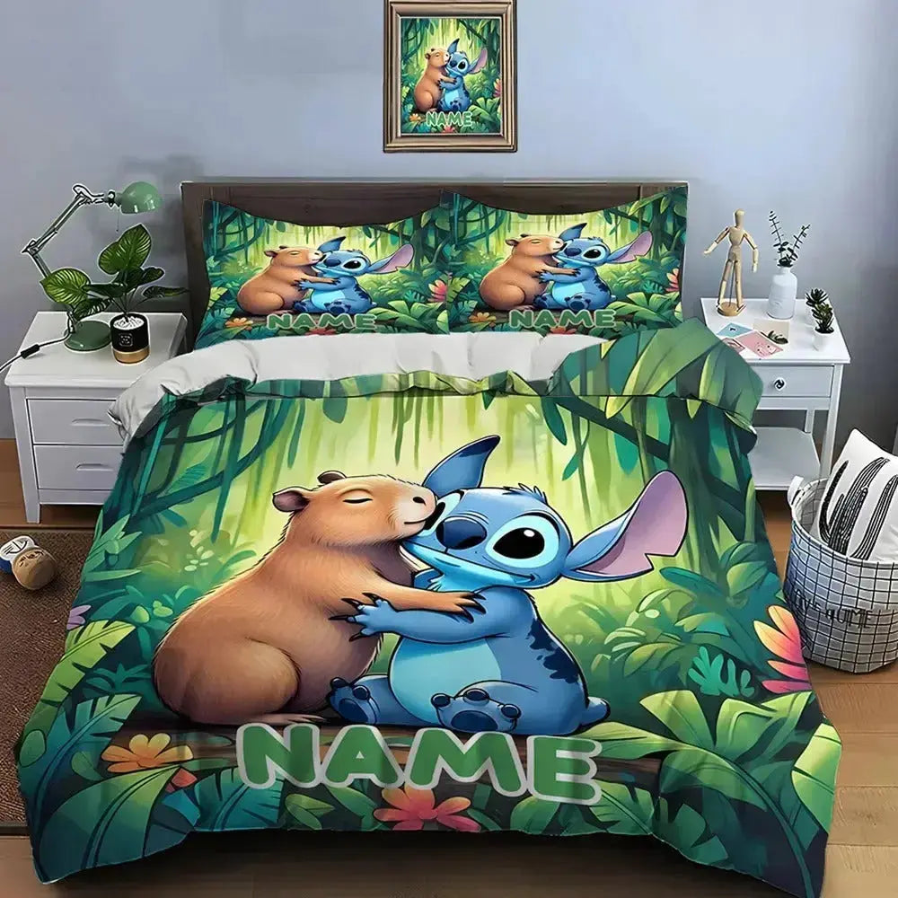 Soft cartoon-themed duvet cover set with custom name printed on the fabric, ideal for children's room or anime lovers’ bedding.