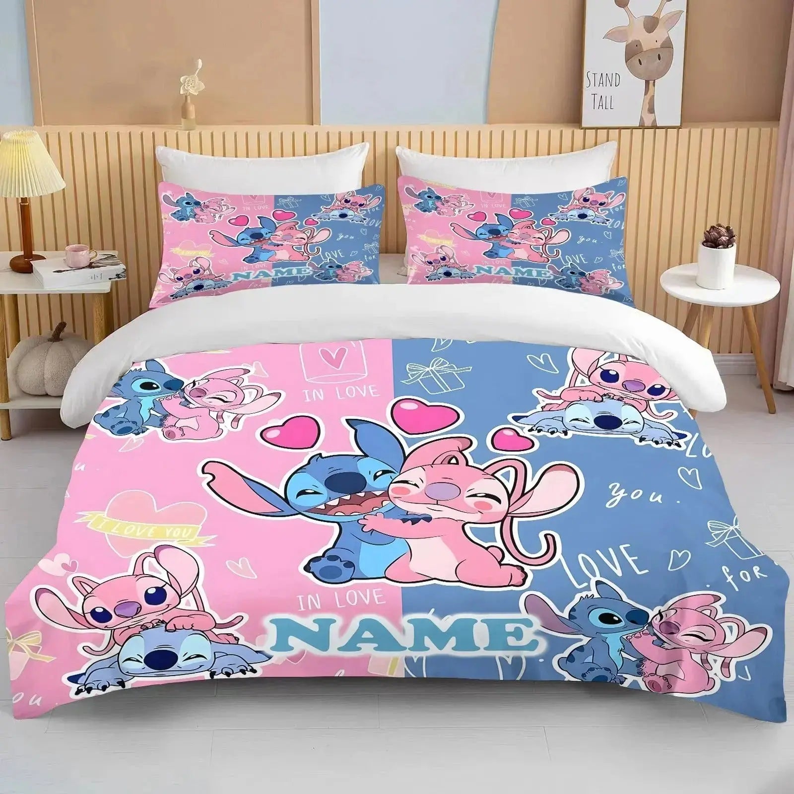 Lilo & Stitch Children’s cartoon bedding set with personalized name and detailed animated artwork, perfect for making bedtime fun and cozy.
