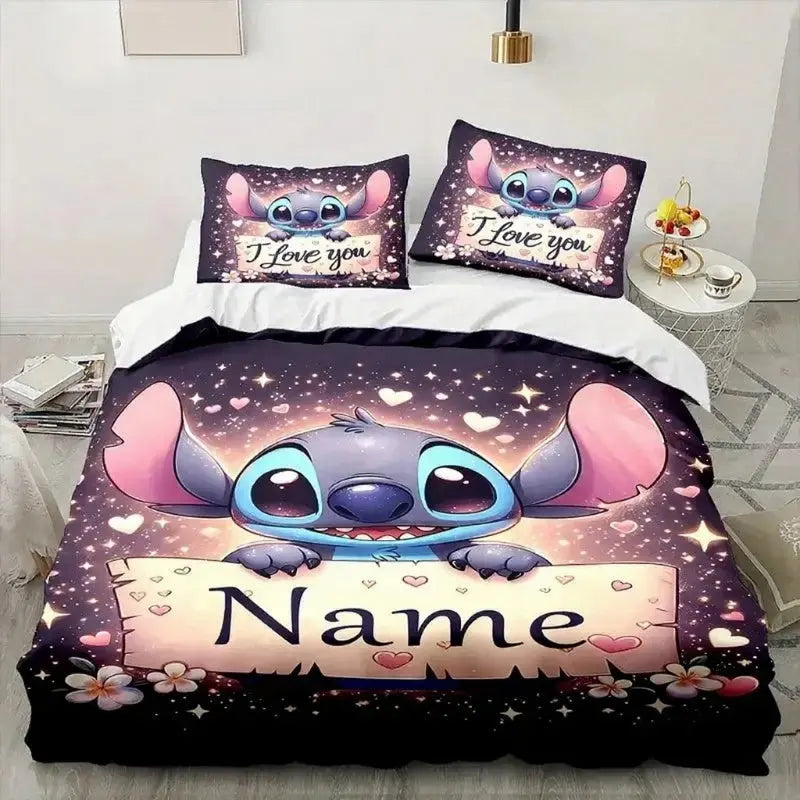 Stitch-themed bedding set with 'Name' text Cartoon doona cover with printed custom name, designed as a unique gift for kids and fans of anime or animated characters.
