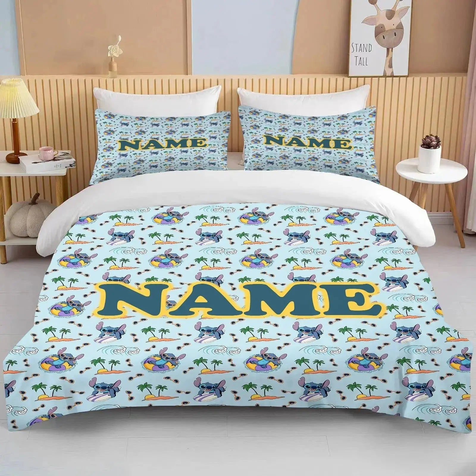 Stitch Personalized Kawaii duvet cover designed for boys’ and girls’ rooms, includes name customization and vibrant animated graphics.