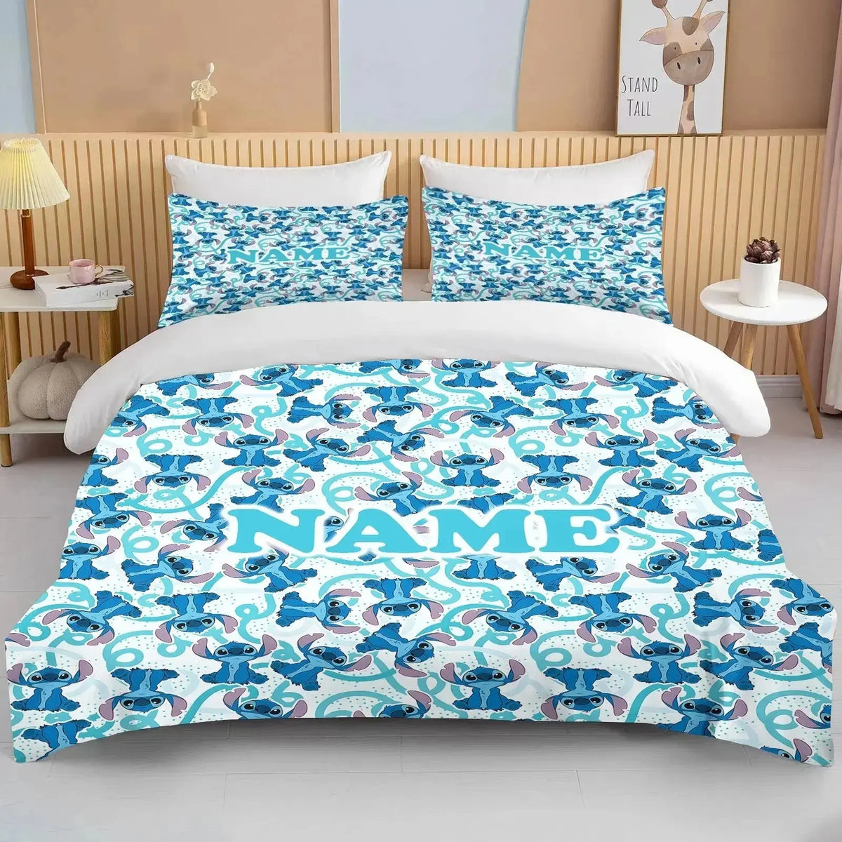 Custom name Disney Stitch quilt cover bedding set featuring a blue and white pattern, neatly arranged on a bed in a stylish bedroom.