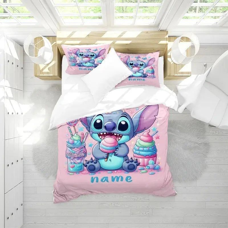 Custom Stitch & Angel duvet cover with personalized name – soft quilt set for girl's room decor