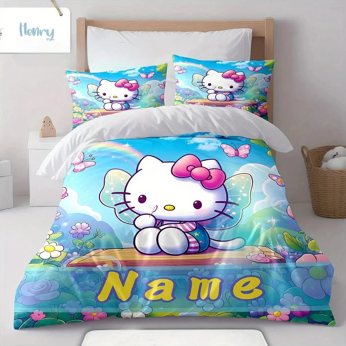 Custom Hello Kitty duvet cover with butterfly wings and name, cute cartoon bedding set for queen, king, or full size bedroom decor