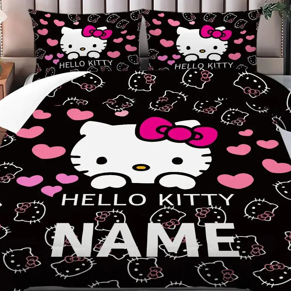 Hello Kitty custom name duvet cover set for kids, featuring cartoon print and personalized quilt cover for children birthday gift