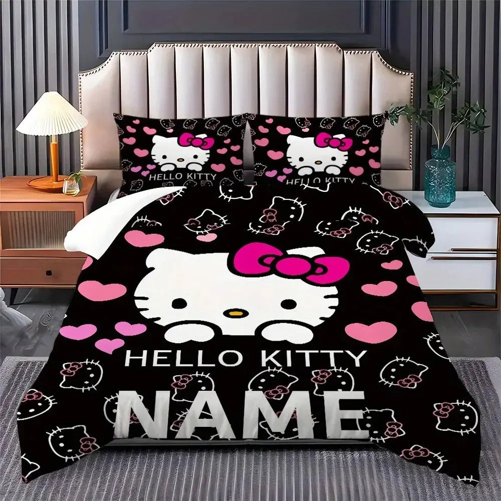 Hello Kitty custom name duvet cover set for kids, featuring cartoon print and personalized quilt cover for children birthday gift