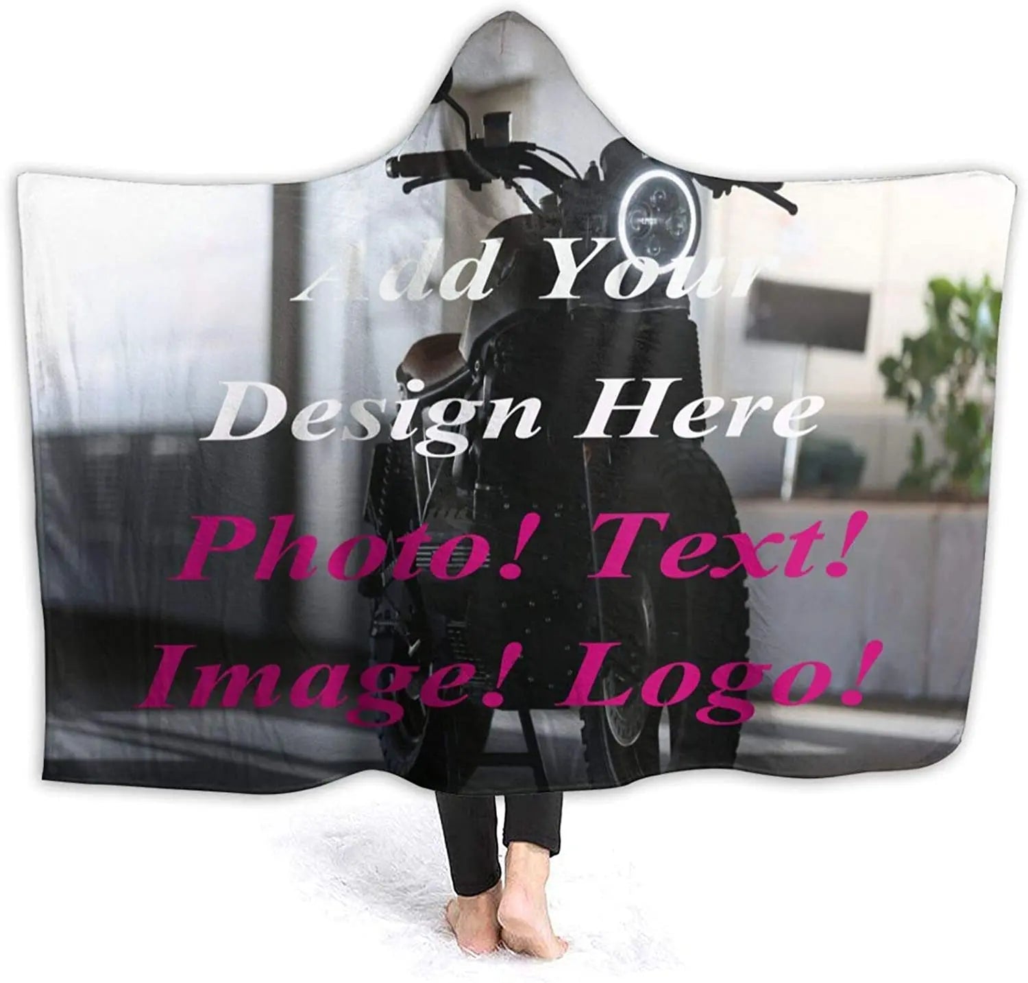 Custom hooded blanket with cartoon print and text worn by smiling person