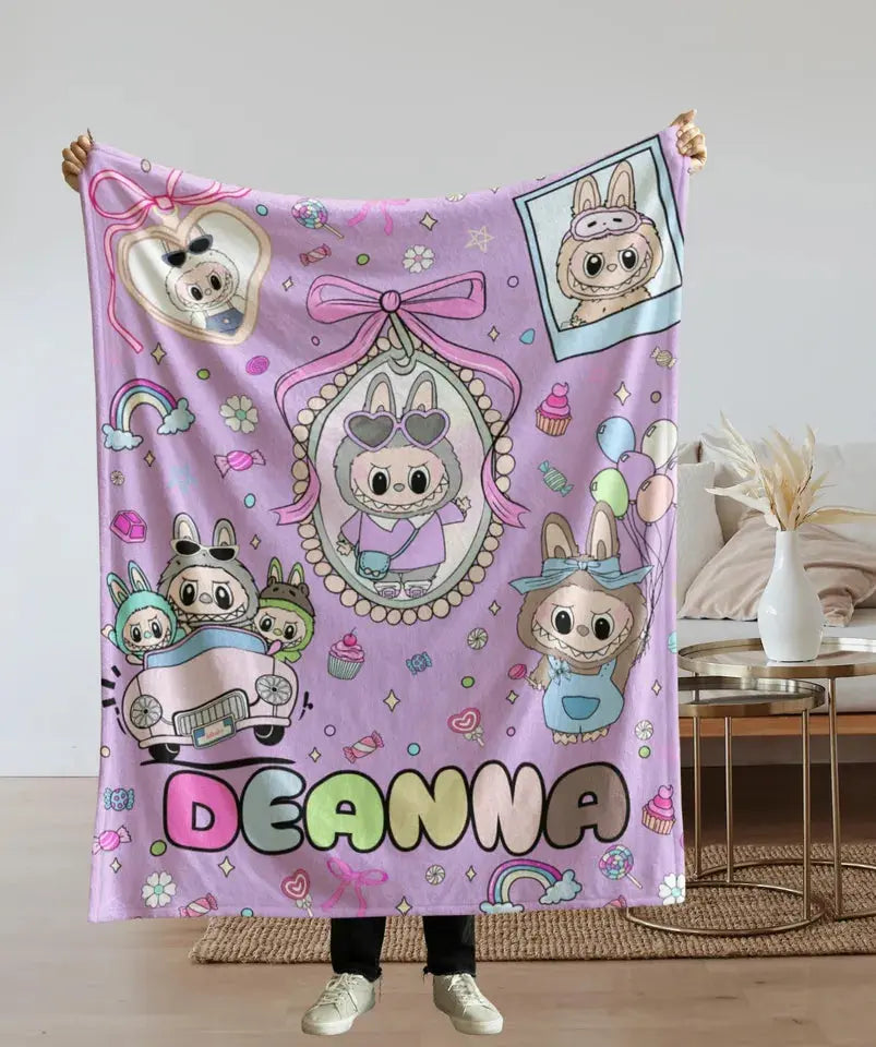 Custom Labubu blanket with personalized name – soft flannel throw blanket for kids and adults, ideal gift for Labubu fans