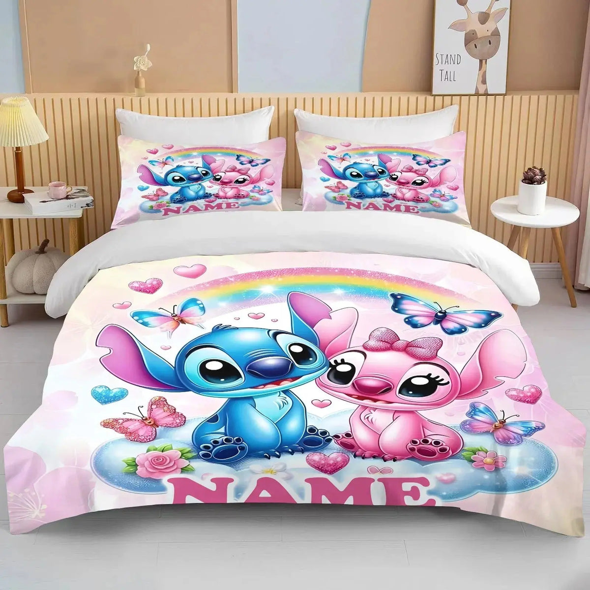 Personalized Disney Stitch quilt cover on king size bed with matching pillowcases