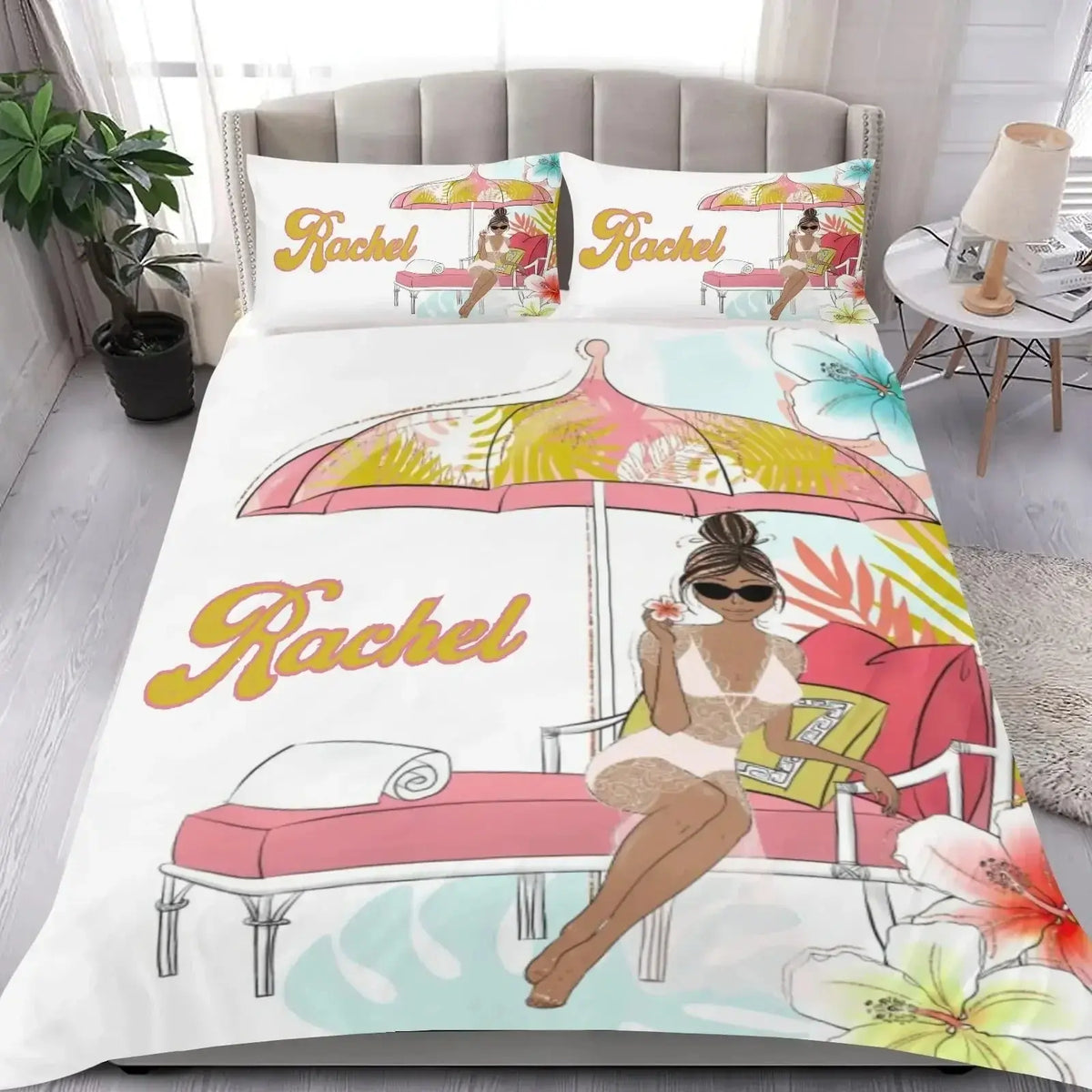 Personalized bedding set featuring 'Name' design with a woman relaxing on a beach chair under a colorful umbrella