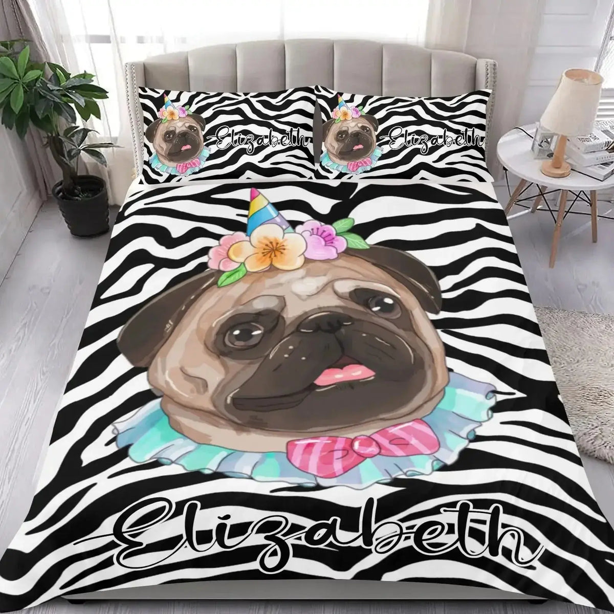 Custom name bedding set with a cute pug illustration and bold zebra pattern design
