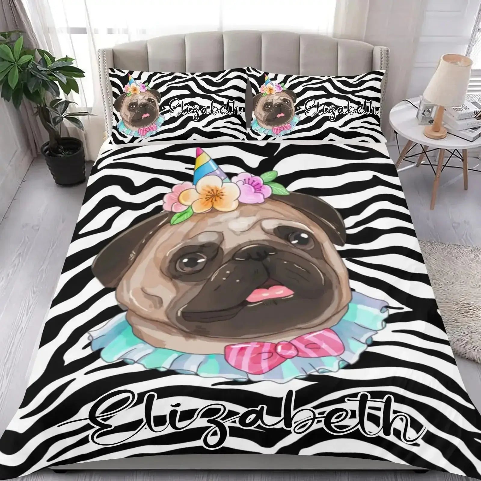Custom name bedding set with a cute pug illustration and bold zebra pattern design
