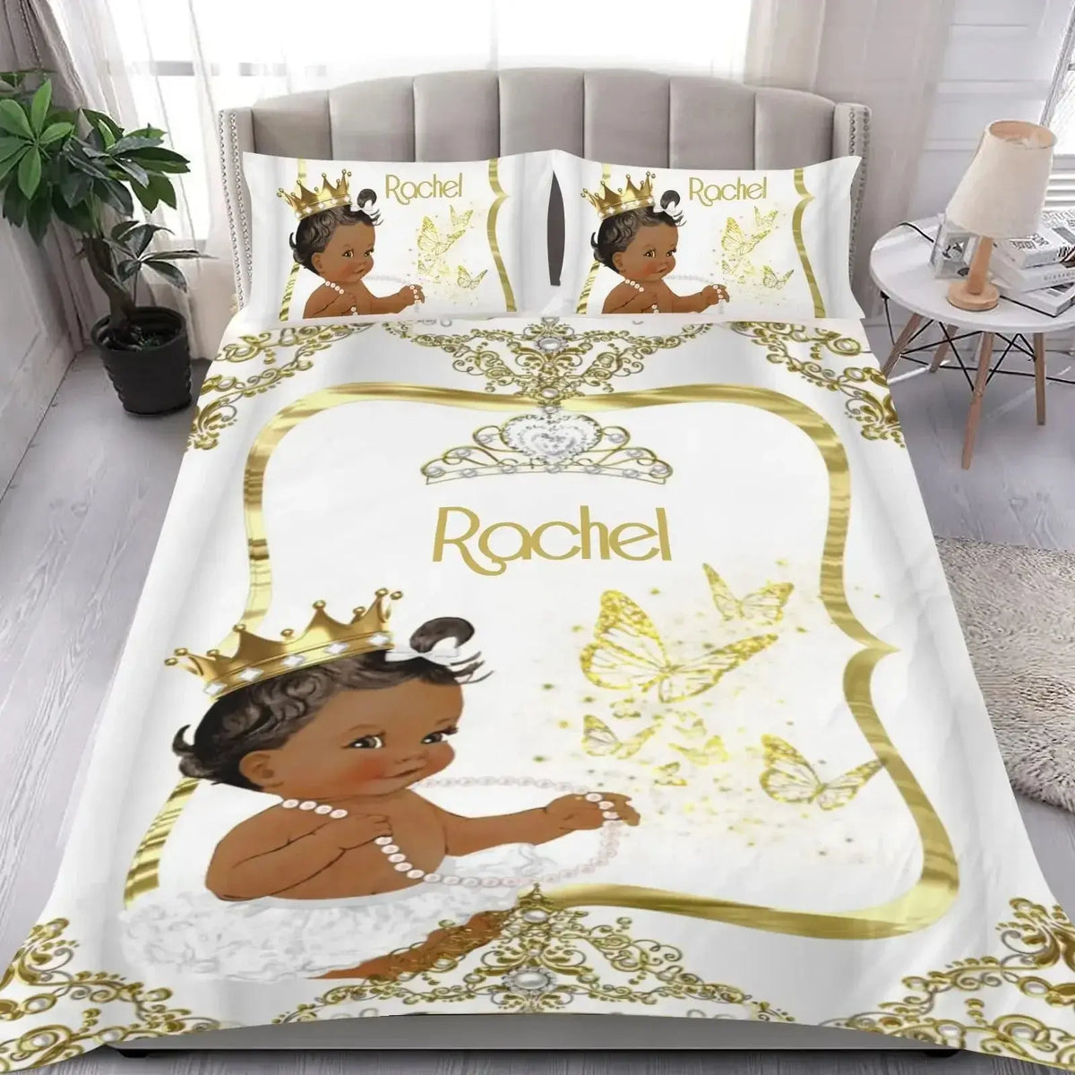 Personalized bedding set with ‘Name’ design, featuring a child with a crown and butterfly on a white background