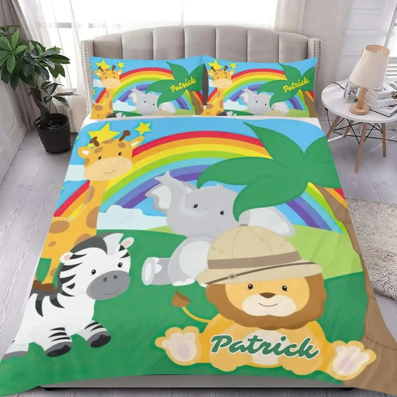 Children's bedding set featuring cartoon animals and a rainbow design on a neatly arranged bed