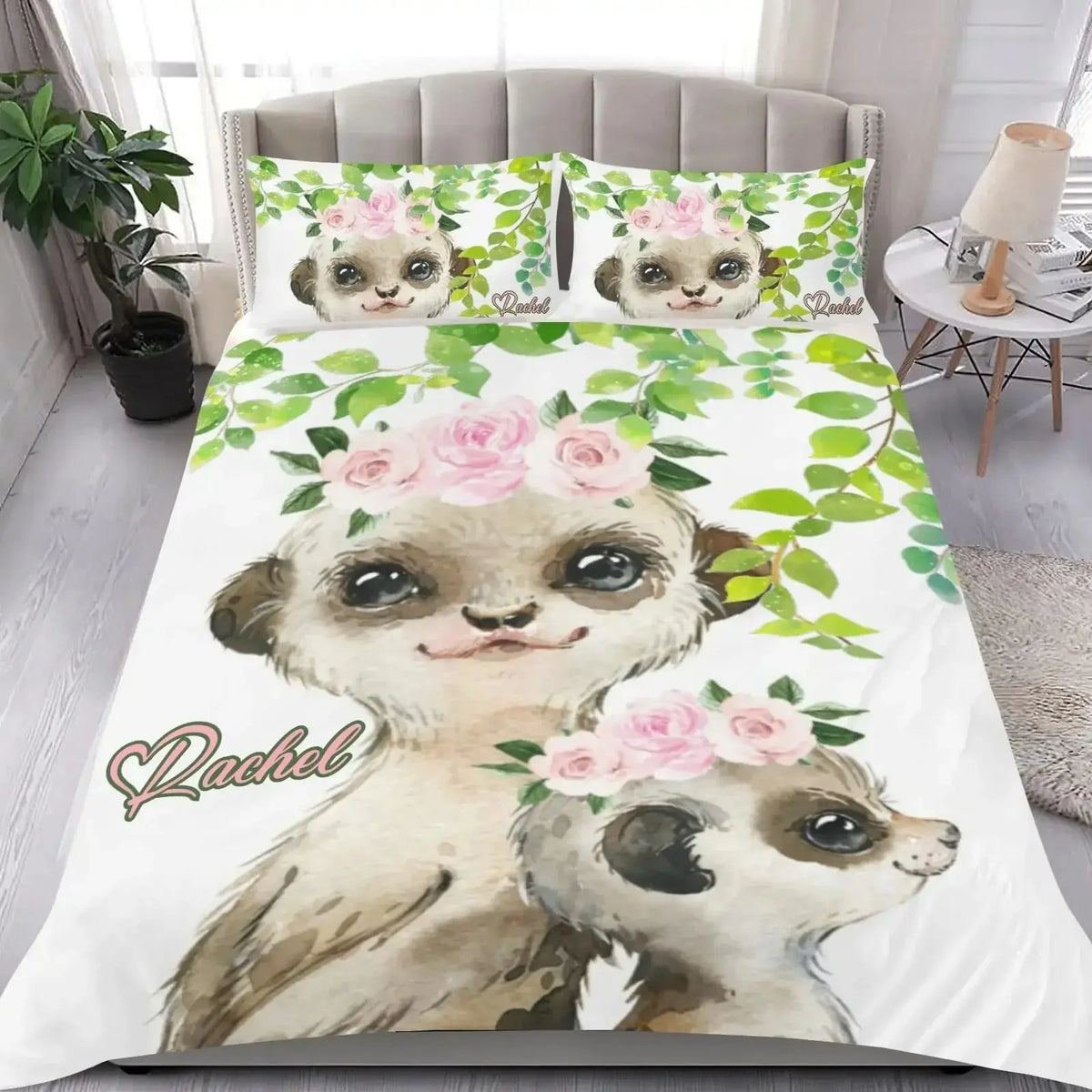 Bedding set with meerkat design surrounded by flowers and leaves, displayed on a bed in a cozy room setting