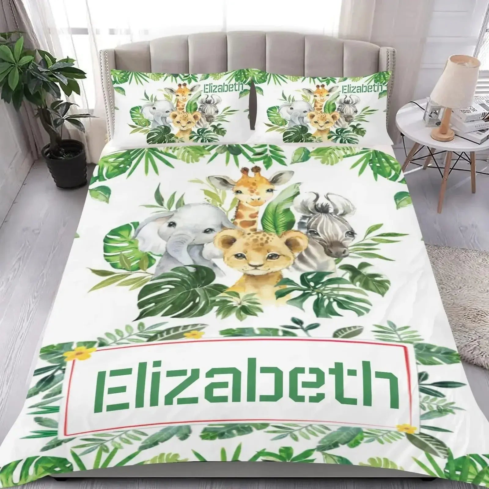 Bedding set with animal prints and Name branding displayed in a cozy bedroom setting