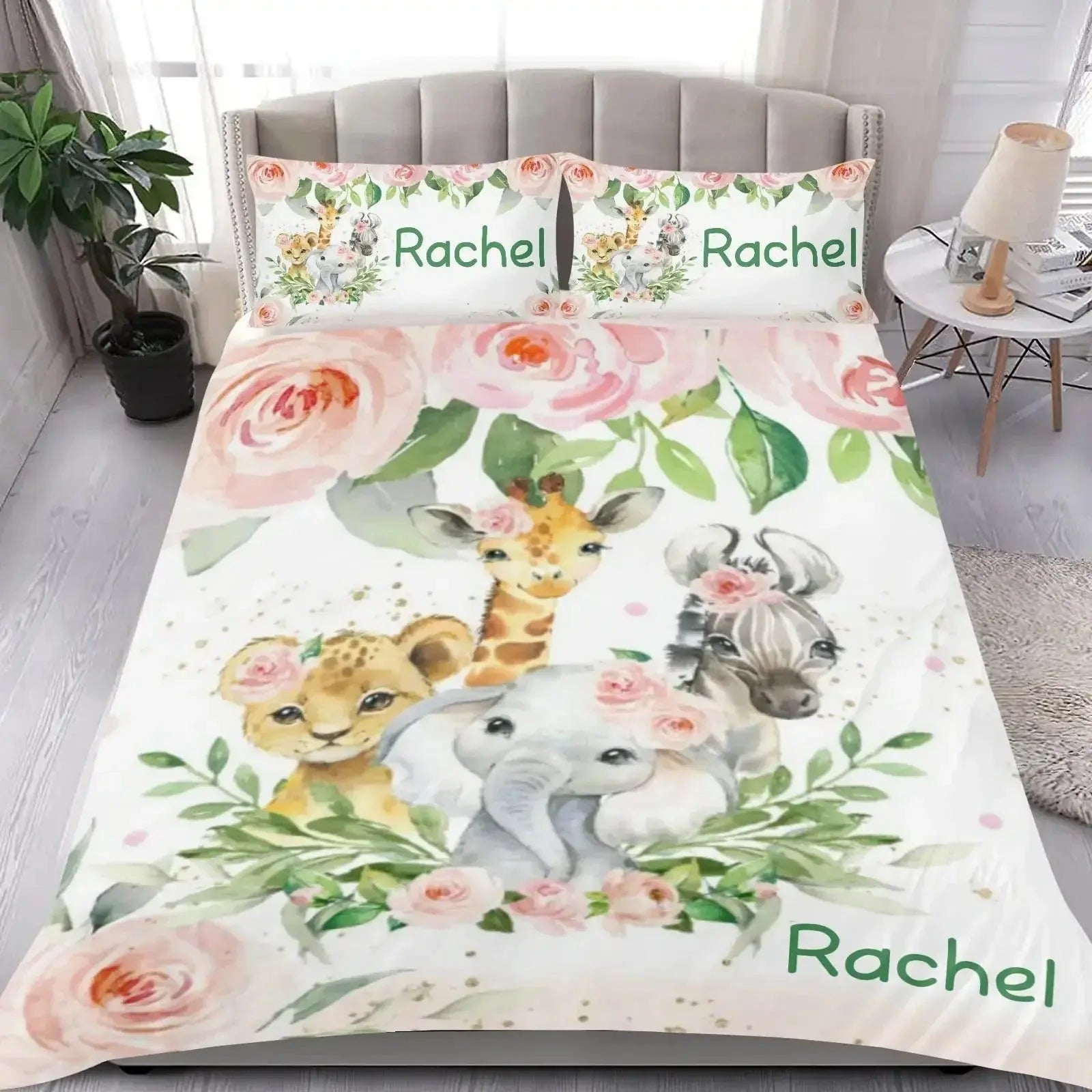 Doona cover set featuring animal design and ‘Name’ branding on a bed in a cozy bedroom setting