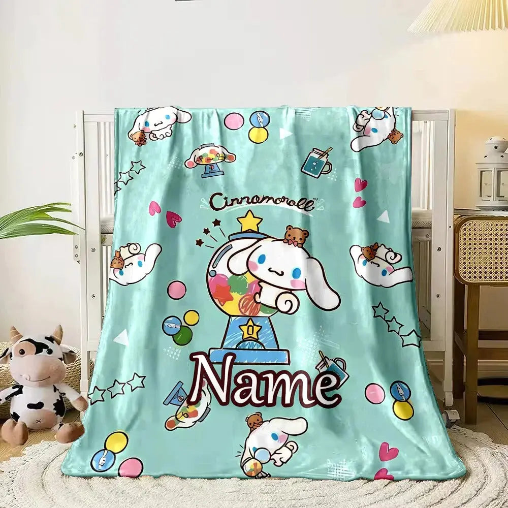 Personalized Sanrio Cinnamoroll fleece throw blanket with child’s name, ideal for gifts and everyday use