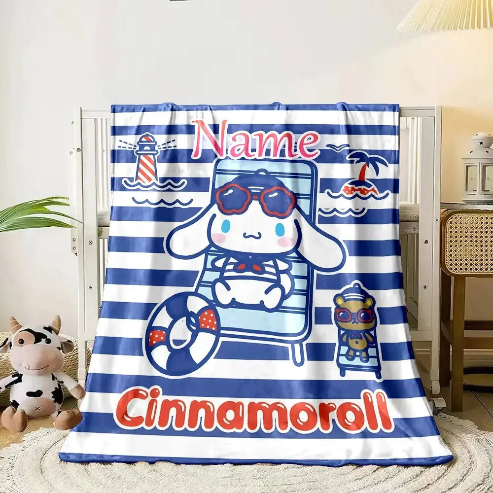 Fluffy Cinnamoroll custom name blanket laid over a sofa, perfect for lounging and cartoon-loving kids