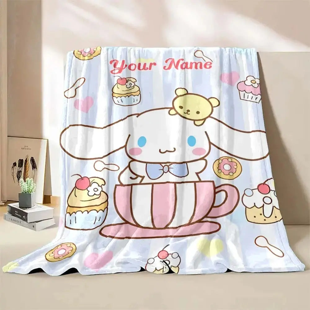 Custom name kids travel blanket with Cinnamoroll design, lightweight and foldable for naps and on-the-go use