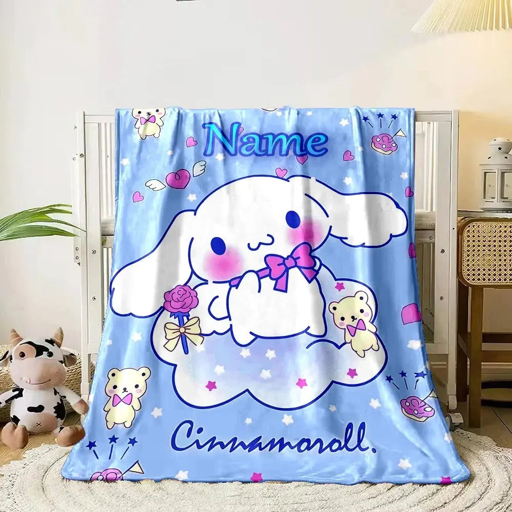 Personalized kids fluffy cartoon quilt blanket with Cinnamoroll print and name branding, ideal for gifts and everyday use