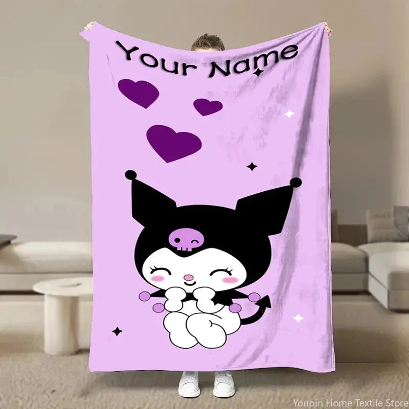 Cozy Kuromi Flannel Blanket with Custom Name on Lounge Chair