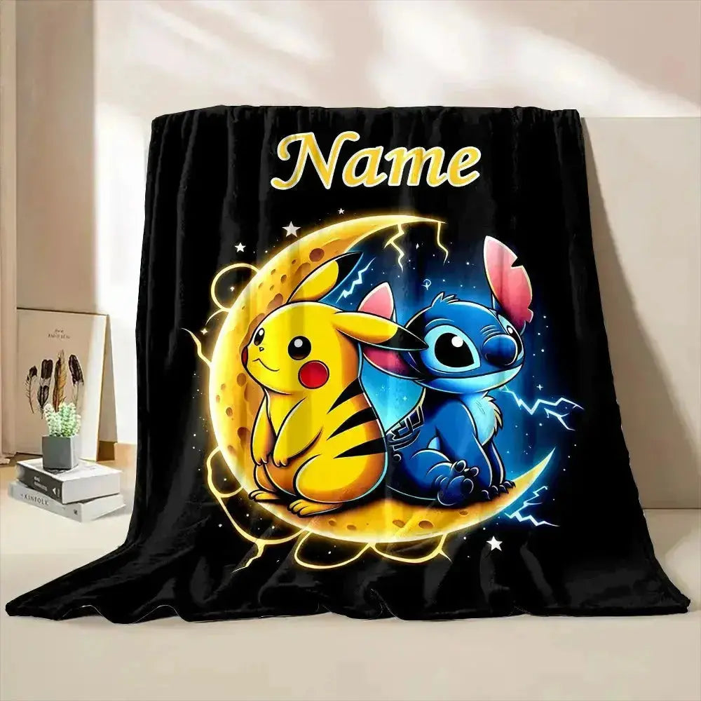 Stitch and Pikachu custom throw blanket with personalized name – soft flannel cartoon blanket for kids, sofa, bed, camping, and birthday gifts