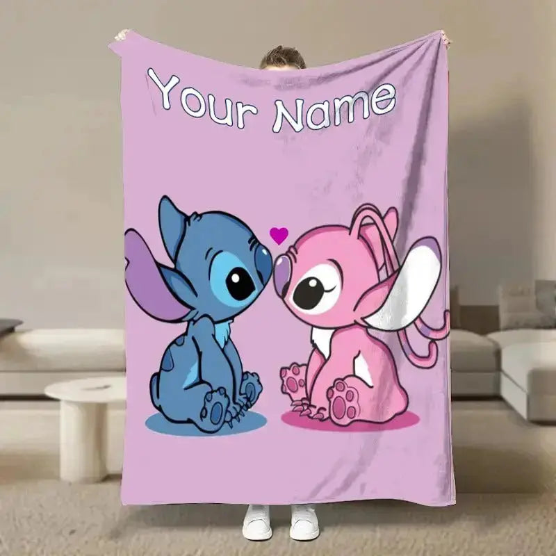 Stitch and Angel custom throw blanket with personalized name – soft fluffy cartoon blanket for couples, kids, sofa, bed, travel, and special gifts