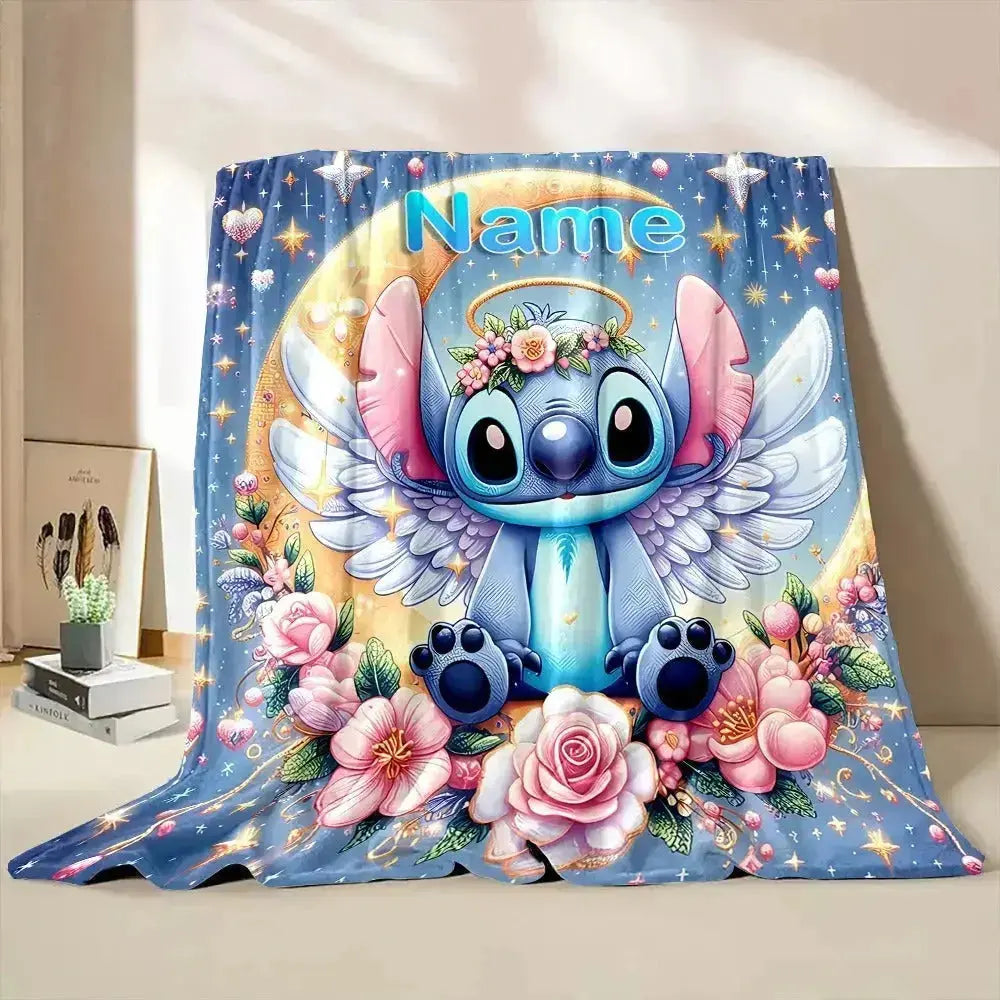 Custom Disney Stitch throw blanket with name – soft flannel fluffy personalized blanket for kids, sofa, travel, and gifts