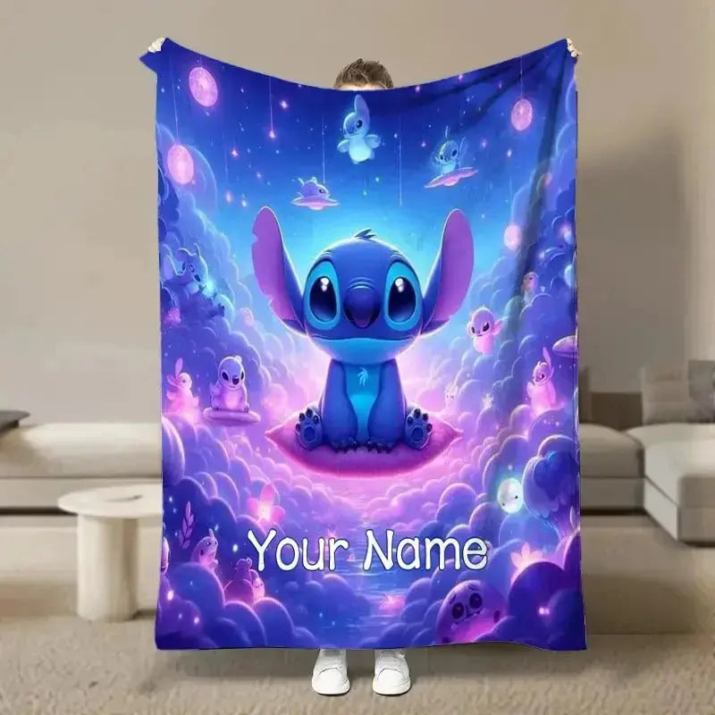 Custom Disney Stitch throw blanket with name – soft flannel fluffy personalized blanket for kids, sofa, travel, and gifts