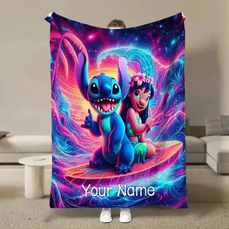 Custom Disney Stitch throw blanket with name – soft flannel fluffy personalized blanket for kids, sofa, travel, and gifts