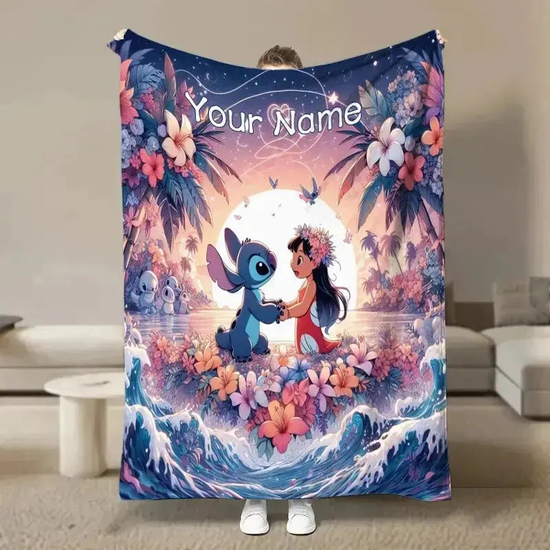 Custom Disney Stitch throw blanket with name – soft flannel fluffy personalized blanket for kids, sofa, travel, and gifts