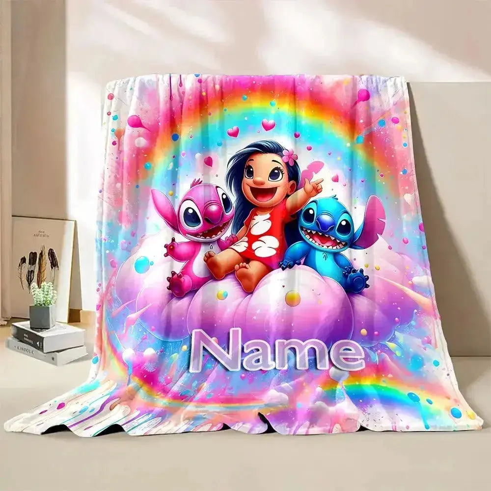 Custom name throw blanket featuring Lilo, Stitch, and Angel – personalized soft cartoon blanket for sofa, bed, kids’ room, or special gifts for couples and children