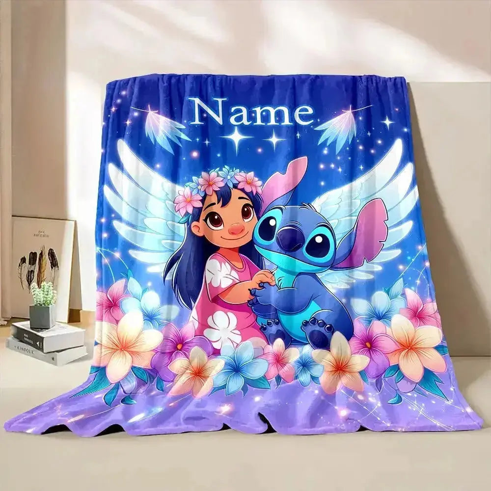 Lilo and Stitch custom throw blanket with personalized name – cozy soft cartoon blanket for kids, couples, sofa, bed, travel, and gift occasions