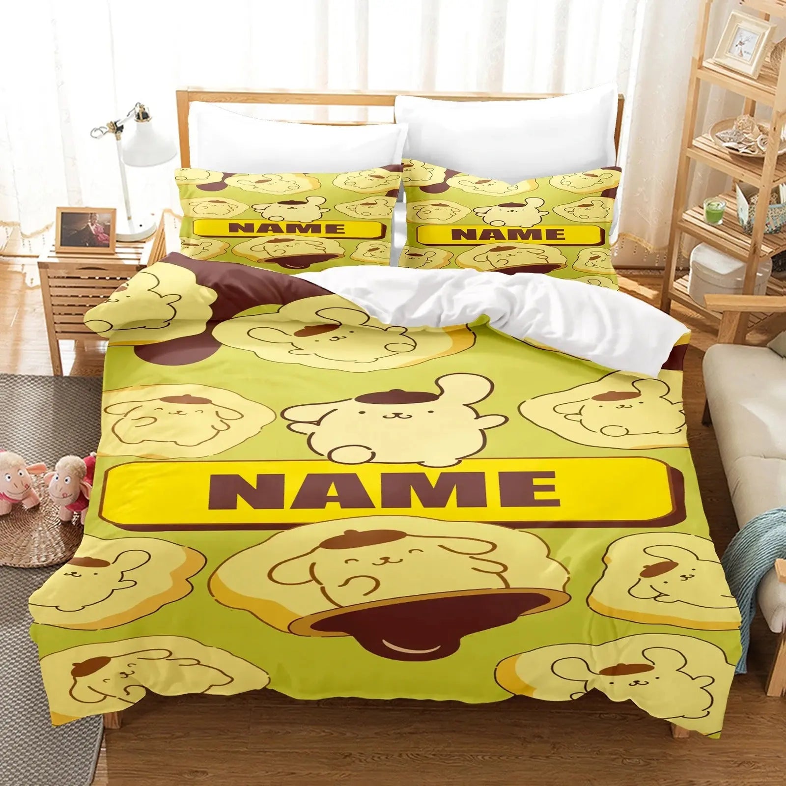 Custom Pompompurin cartoon duvet cover set with personalized name – cute Sanrio bedding set for kids, teens, or kawaii bedroom décor