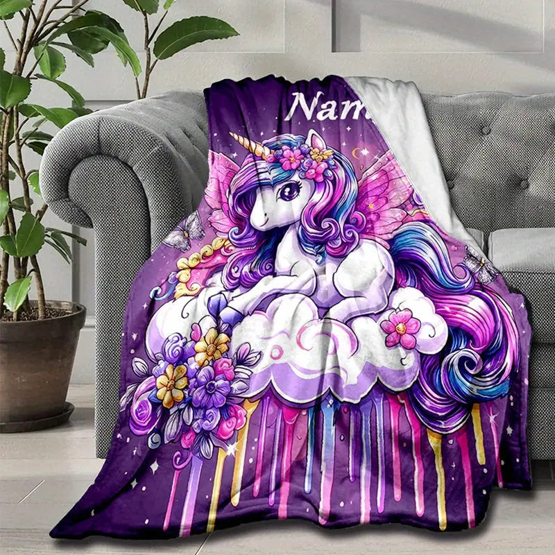 Magical unicorn theme kids blanket customized with name – great for gifts