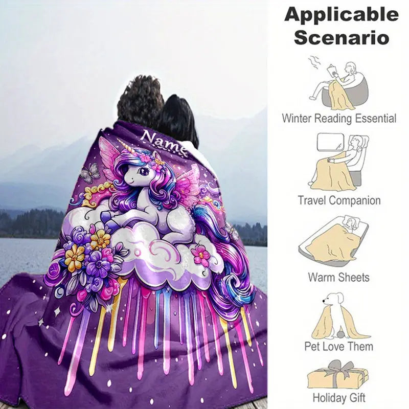 Cute unicorn cartoon blanket for children, cozy flannel, great birthday gift