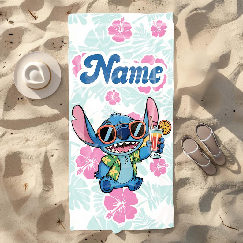 Custom Disney Stitch Floral Beach Towel, Ohanas Floral Means Family Bath Towel, Lilo And Stitch Picnic Towel, Movie Pool Towel For Adults