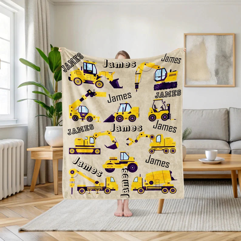 
Custom Excavator Blanket: Construction Truck Design, Personalized Kids Gift