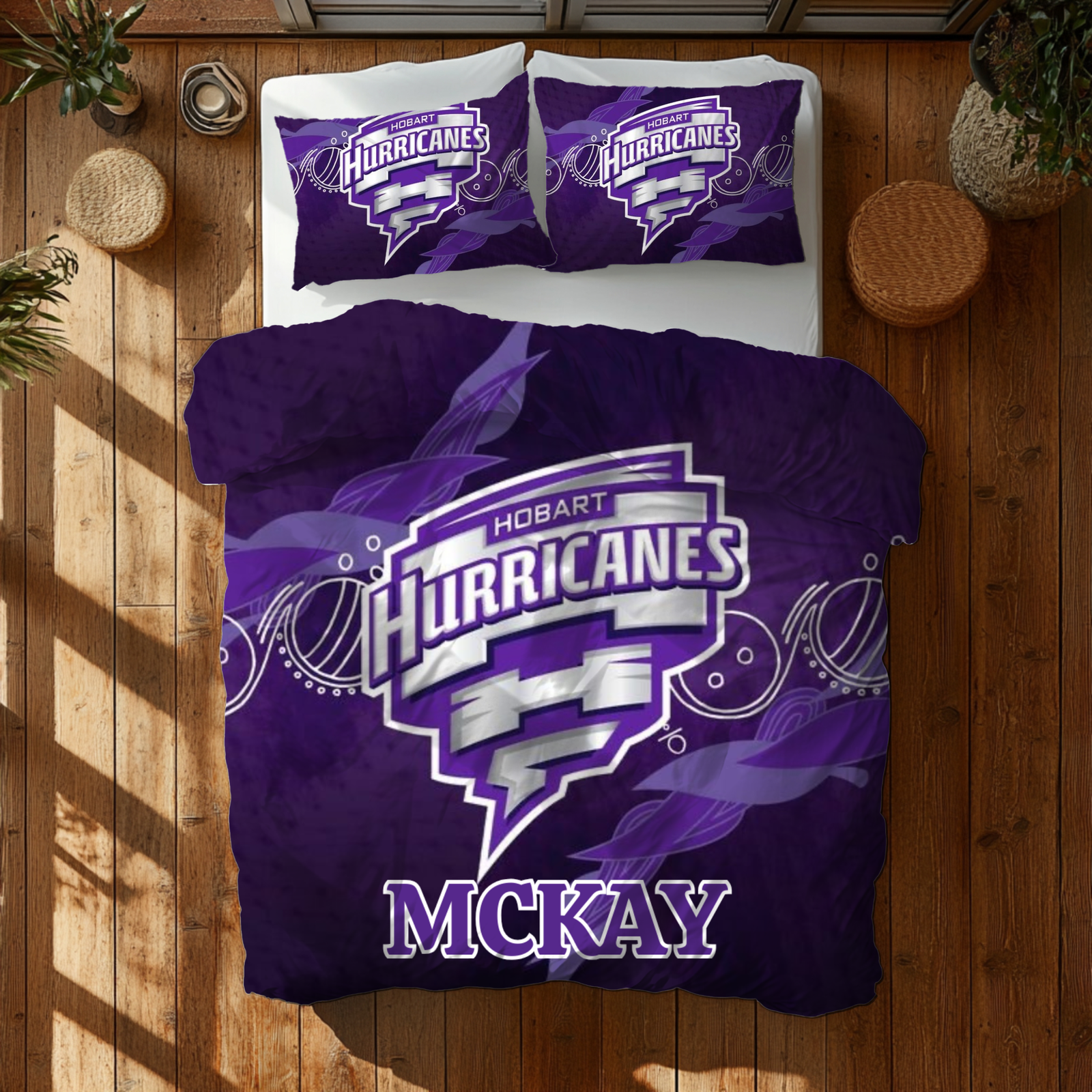 Custom Hobart Hurricanes doona cover with name and player number – Big Bash League cricket bedding set