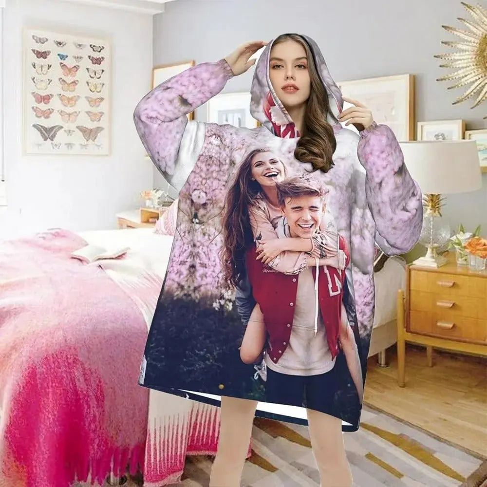 Woman wearing personalized oversized sherpa blanket hoodie with custom photo