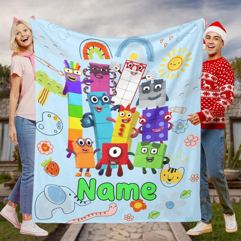 Custom Number Blocks Kids Blanket Gift, Personalize Name Numberblock Blankets Birthday Holiday Xmas Gift