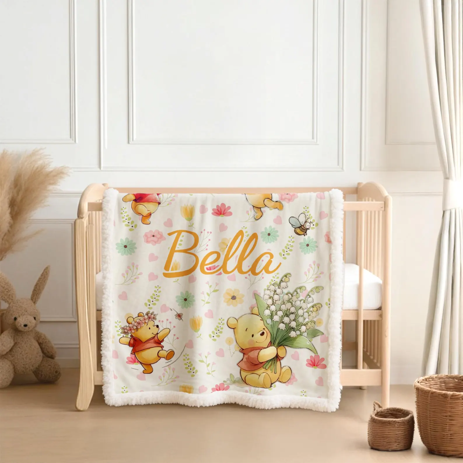 Custom Pooh Bear Sherpa Blanket, Personalized Winnie the Pooh Blanket for Kids, Baby Name Nursery Throw, Toddler Blanket, Baby Shower Gift