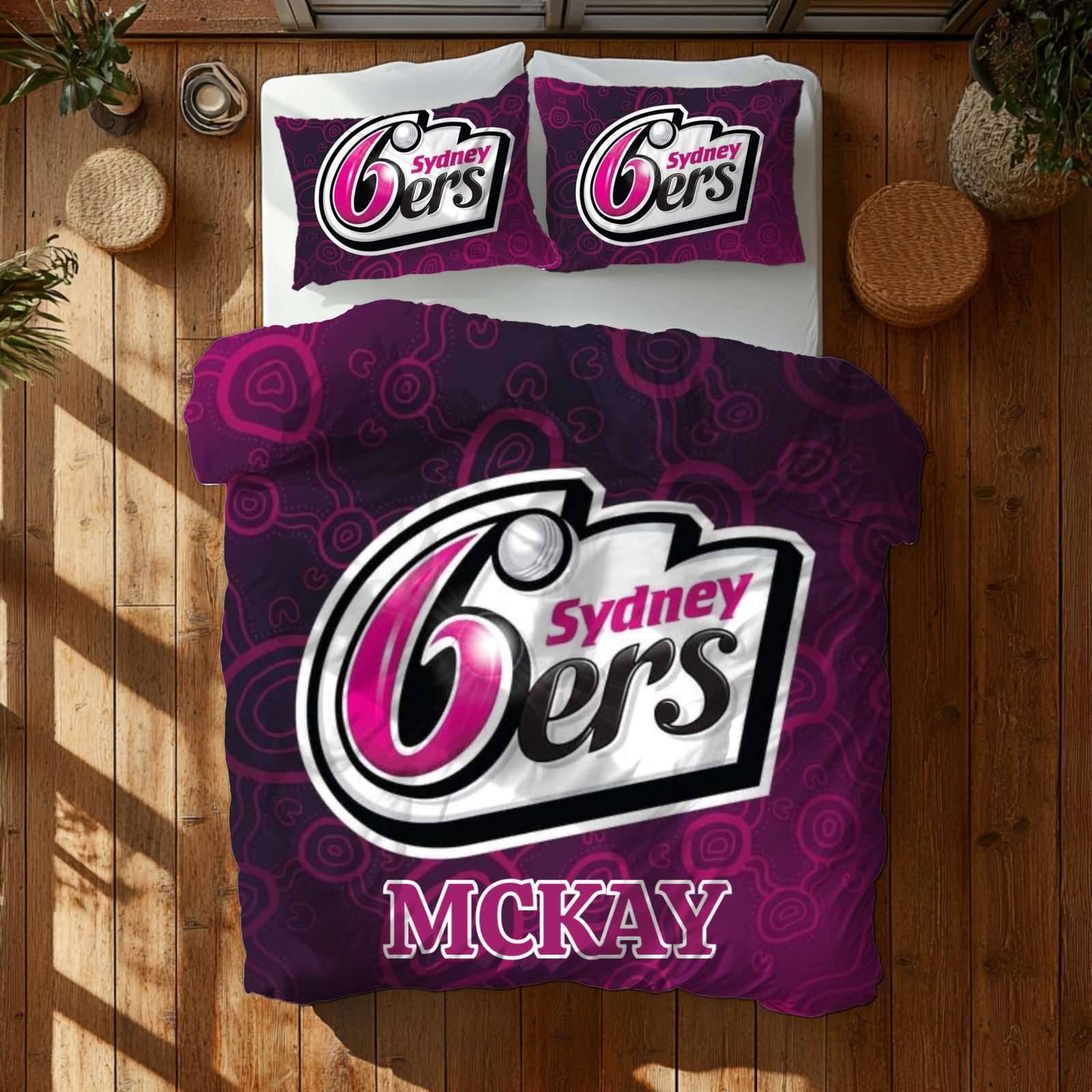 Custom Sydney Sixers doona cover – pink Big Bash League bedding with personalised name and number